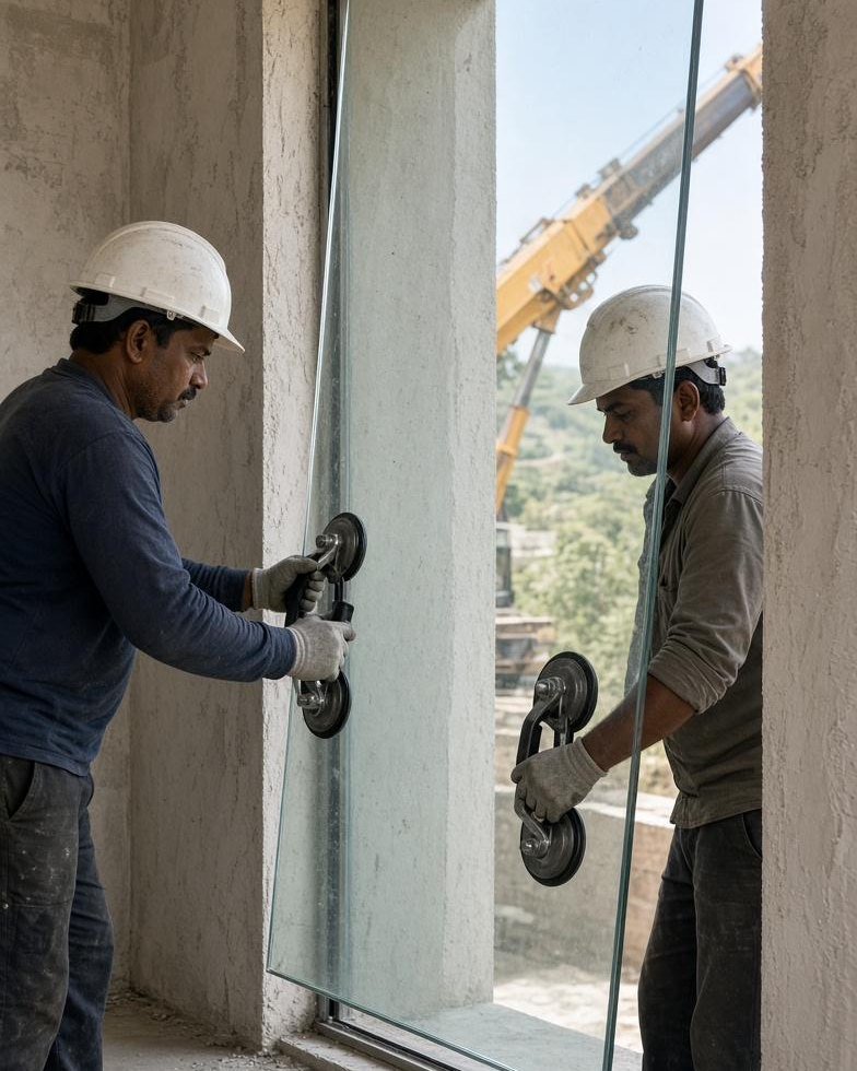 Makasab glaziers fitting a large glass panel